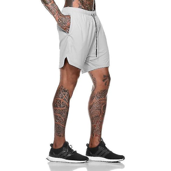Herr 2 i 1 träningslöparshorts med dragkedjefickor light grey L
