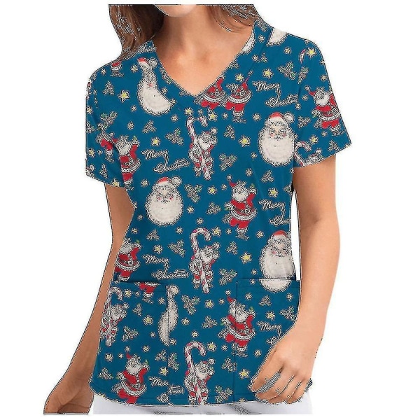 Jul Kvinnor Amningsuniform Scrub Kortärmad T-shirt Xmas Blus Tee Tops V-ringad Royal Blue L