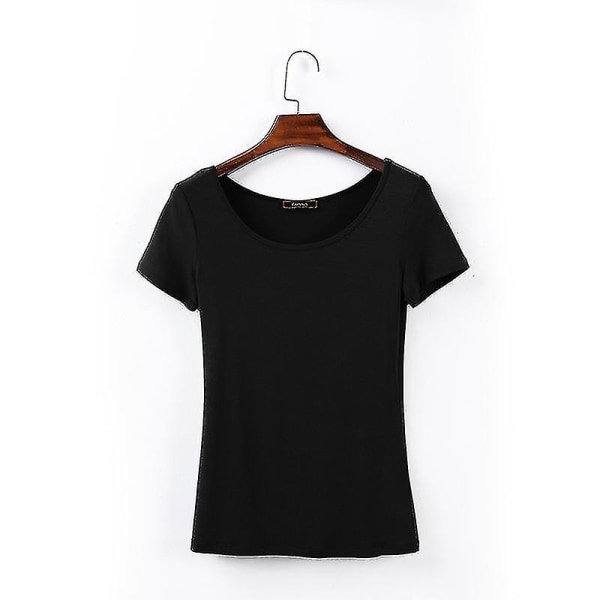 Kvinnor med rund hals med kort ärm T-shirt mjuk bomull tunn t-shirt Enfärgad blus Black S