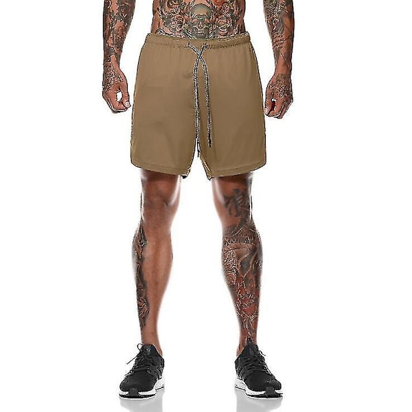 Herr 2 i 1 träningslöparshorts med dragkedjefickor khaki M