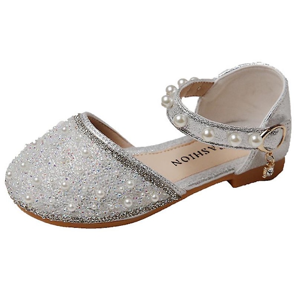 Barn Mode Klänning Sandal Pärla Sandal Sommar Glitter Ballerinor Bröllop Stängd Tå Platta Sandaler Silver EU 23.5=Tag Size 24