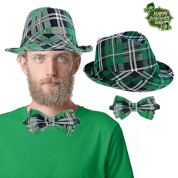 St Patricks Day hatt för vuxna med fluga Grön pläd Irish Day Accessoarer Presenter