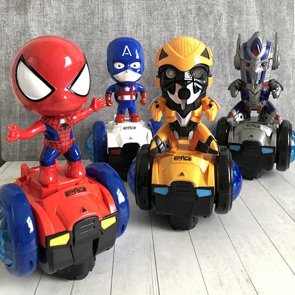 Superhjälte 360 ​​rotationsrobotleksak Spiderman Actionfigurer Elbil och docka Ljus och ljud Interaktiv ljus- och ljudleksaker Barn Pojkar Flicka B