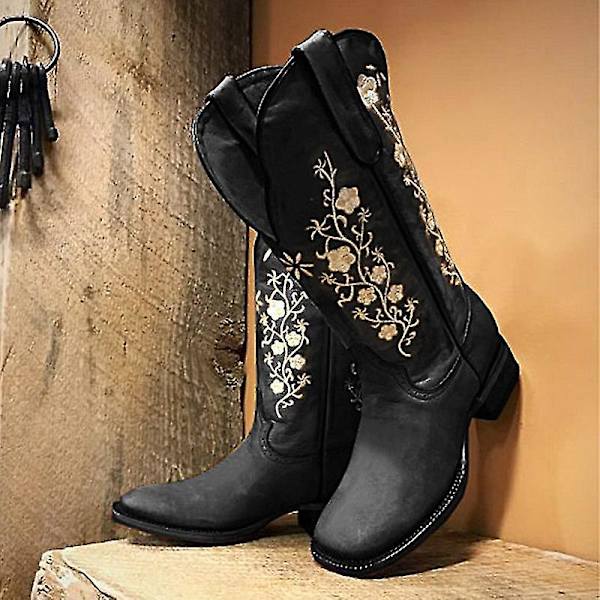 Kvinnors breda vad fyrkantiga tår Cowboy Boot - Moderna västerländska broderade Cowgirl Boots Black 40