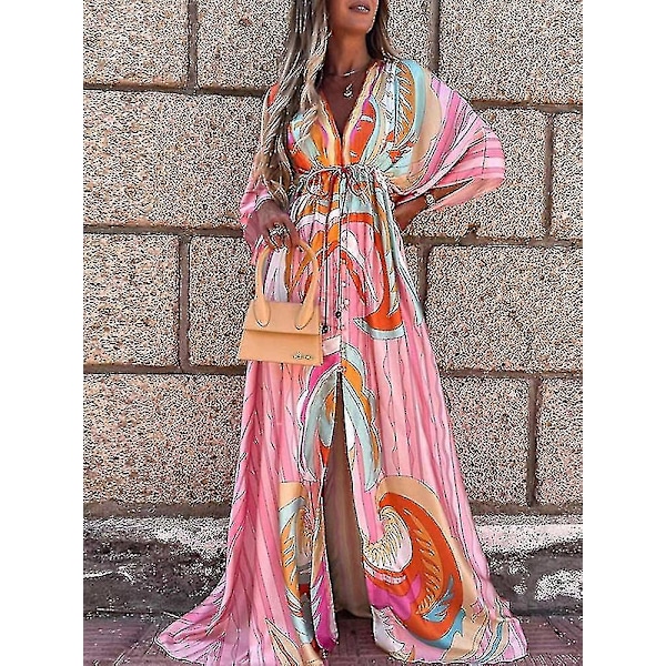 Sommar Maxi Klänning För Kvinnor Boho Print Bikini Cover Ups Beach Sundress Sexig Blommig Tunik Lång Klänning Baddräkt Vesido Feminino blå M