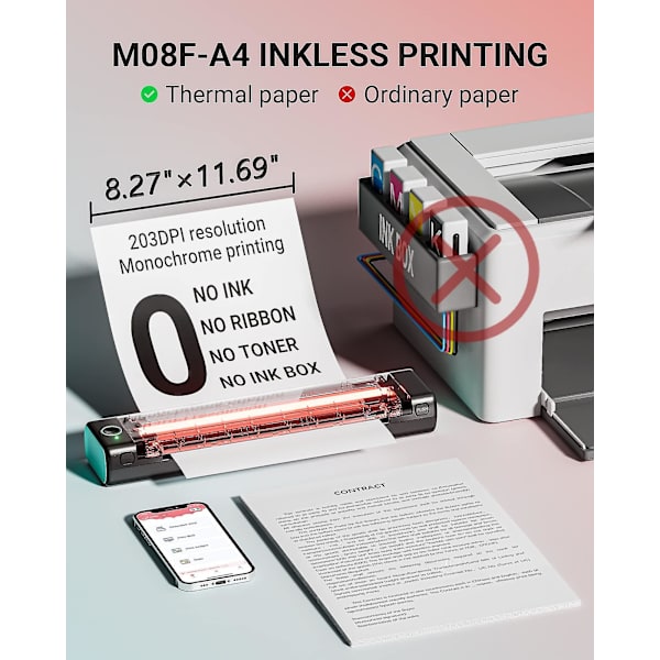 M08f A4 trådlös thermal skrivare Bärbar Handhållen Bluetooth Mini Personlig hemmakontorsskrivare Hd-utskrift Behöver inte använda bläck M08F A4 Printer-D