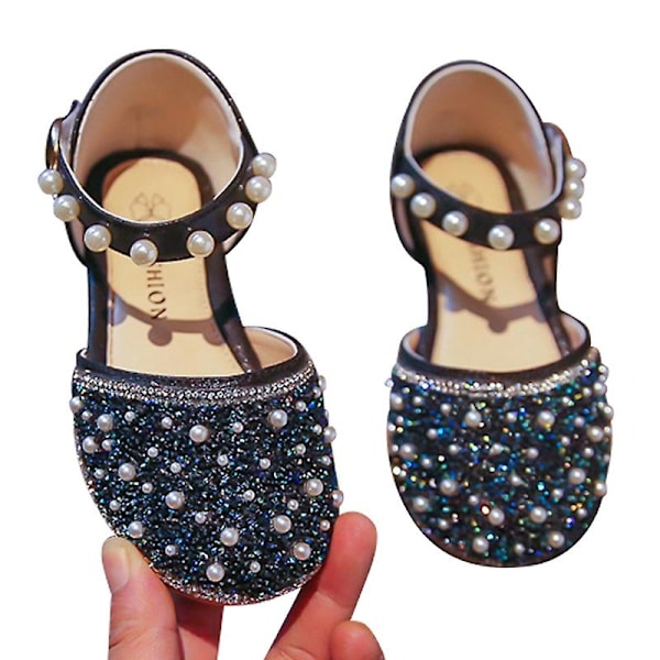 Barn Mode Klänning Sandaler Pärla Sandaler Sommar Glitter Ballerinor Bröllop Stängd Tå Platta Sandaler Black EU 24=Tag Size 25