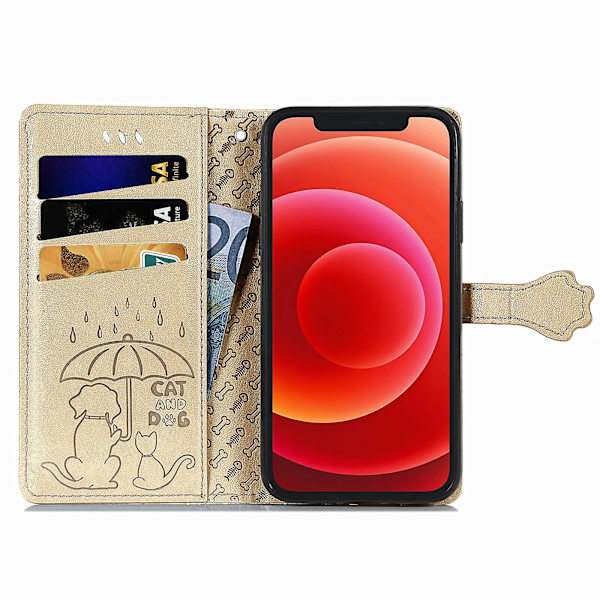 Case för Iphone 12 Flip-plånbok präglat cover Etui Housse Katt Hundmönster - Guld null none