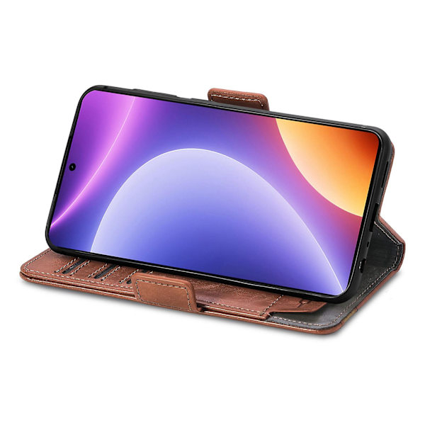 Caseneo 002 Series Phone case För Xiaomi Redmi Note 12 Turbo / Poco F5 5g, Splicing Pu Leather Rfid Blocking Stand Cover Dark Brown