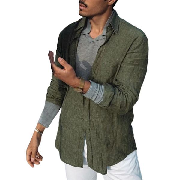 Herr långärmade skjortor Linne bomull knappar Strand Casual sommarskjortor Green L