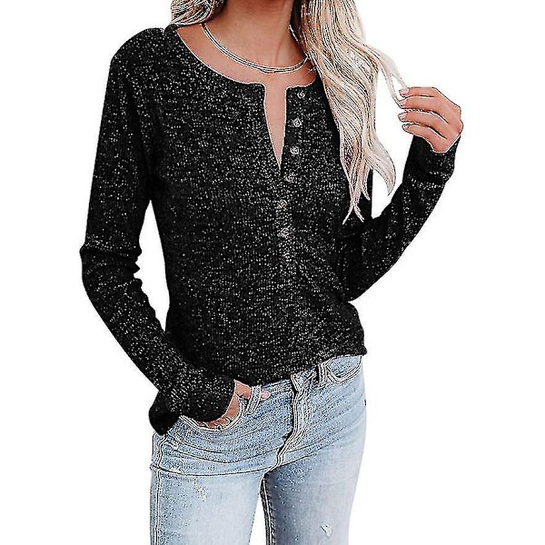 Kvinnors höst-/vintermode V-ringad print Långärmad Casual Lös T-shirt Plus Size Black S