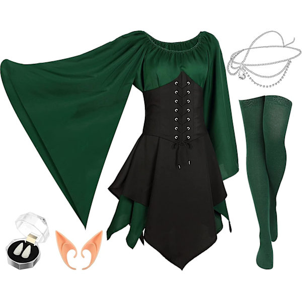 5-pack Fairy Elf Costume Renaissance Traditionell Irish Viking Dress Fairy Elf Ear för Halloween Cosplay Masquerade Party (medium) Green and Black XX-Large