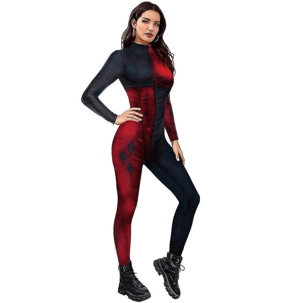 Dam Harley Quinn Halloween Party Cosplay Kostym Jumpsuit Elastisk Body M