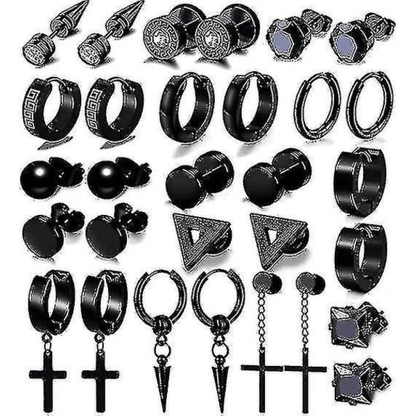 15 par örhängen för män, svarta örhängen i rostfritt stål Stud Kit, Fashion Cross Dangle Hoop Örhängen Set