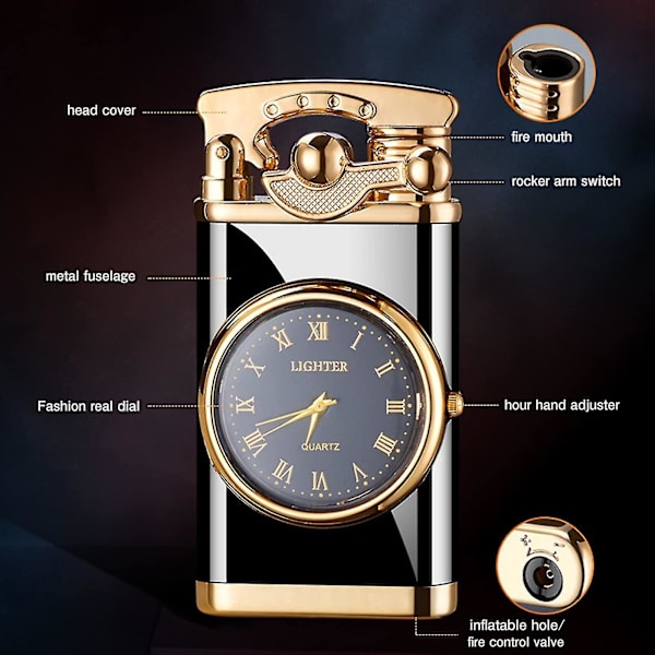 Uppblåsbar tändare med elektrisk watch Creative Dial Rocker Arm Uppblåsbar tändare (gas ingår inte, måste blåsa upp dig själv) black