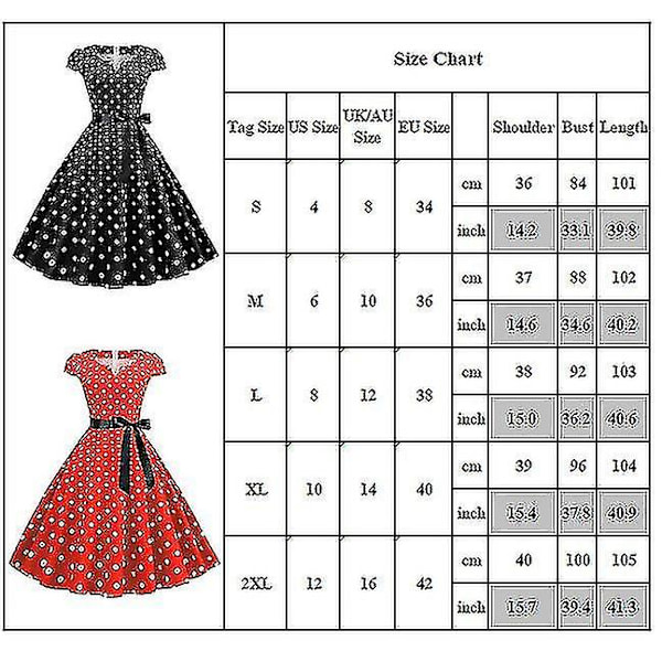 Kvinnor Polka Dot Hepburn Retro 50-tal 60-tal Rockabilly Festklänning Swing Midiklänning Black XL