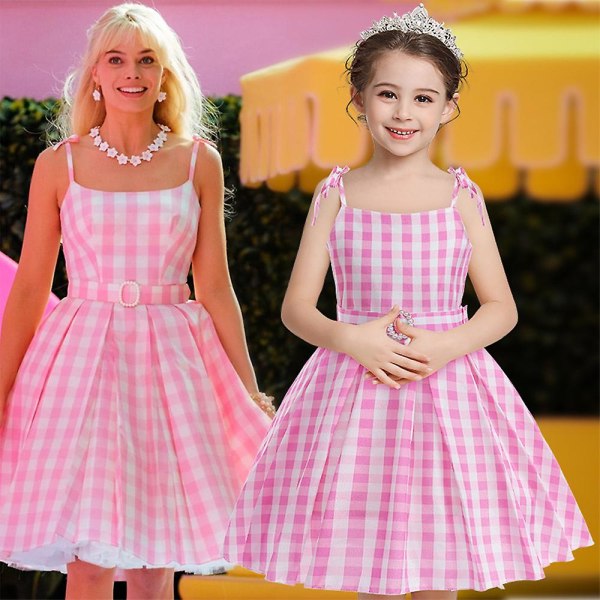 Barbie Cosplay Klänning Kostym Tjejer Margot Robbie Film Outfit Barn Rosa Vit Gingham Klänning Halloween Fest Födelsedag Klä upp med rosett hår 12-13 Years