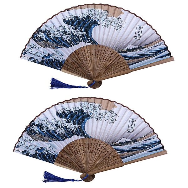 2st Vikbar handhållen bambufläkt Kanagawa Sea Waves Mönster Fan Kid Gift (blå) Blue 38x21cm