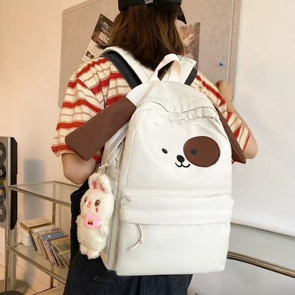 Harajuku Skolväska Kvinnors Söt Hund Student Ryggsäck Mode Tecknad Flicka Ryggsäck Stor Kapacitet Student Skolväska svart med docka