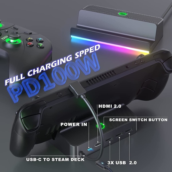 Rgb Steam Deck Dock, Dockningsstation för Steam Deck, Skärmbrytarfunktion Steam Deck Dock Hdmi 2.0 4k 60hz Black none