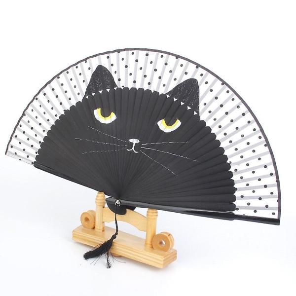 Summer Cat Silk Bambu Handmålad Cartoon Cat Folding Fan Party Favor (svart) Black none