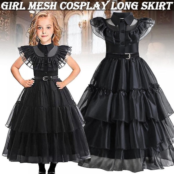 Barn Flickor Onsdag The Addams Family Costume Halloween Klänning Födelsedagsfest Dress Belt Wig 130cm