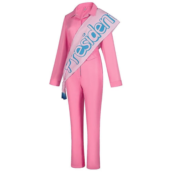 Halloween Vuxen Barbie Rosa Power Jumpsuit med skärp stolt över att vara kvinna kostym S