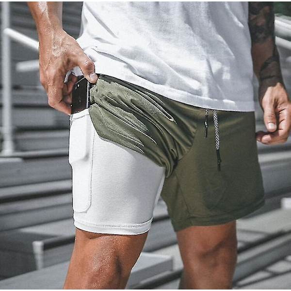 Herr 2 i 1 träningslöparshorts med blixtlåsförsedda fickor dark green M