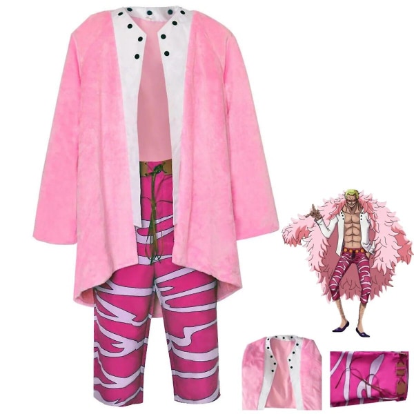 Anime One Cos Piece Doflamingo Cosplay Fantasia Kostym För Vuxna Män Jacka Byxor Glasögon Halloween Carnival Kostymer För Man XL