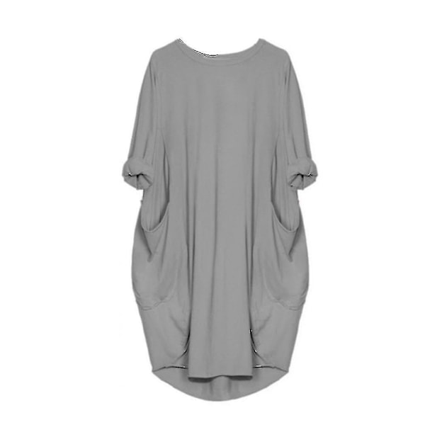 Kvinnor Plus Size Lång Eeve Lös Midi Klänning Med Ficka Grey 4XL