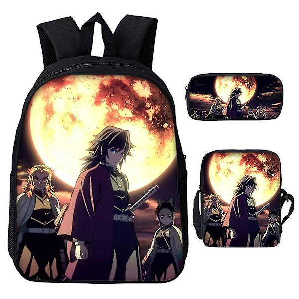 3st/ set Japan Anime Demon Slayer Studenter Pojkar Flickor Skolväska Ryggsäck Barn Tonåring Tecknad Oxford Vattentät skolväska Khaki 18 inches
