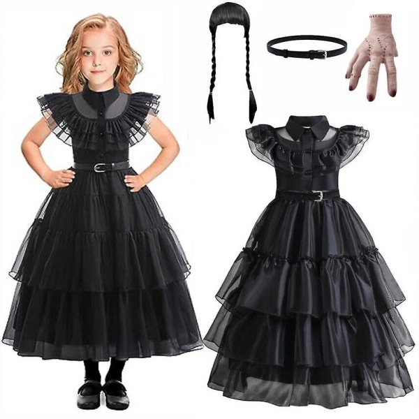 Barn Flickor Onsdag The Addams Family Costume Halloween Klänning Födelsedagsfest Dress Belt Wig 110cm