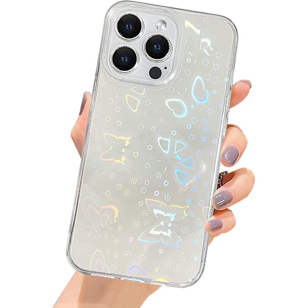 Kompatibel med Iphone 13 Pro Max Case, Klar Laser Glitter Bling Circular Mjuk & Flexibel TPU Och Hård Pc Stötsäker Case För Kvinnor Flickor C Butterfly  Clear