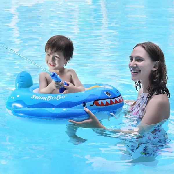 Swimbobo Toddler Uppblåsbar bil Baby med justerbart soltak och säkerhetssits Poolleksaker för barn Blue Shark