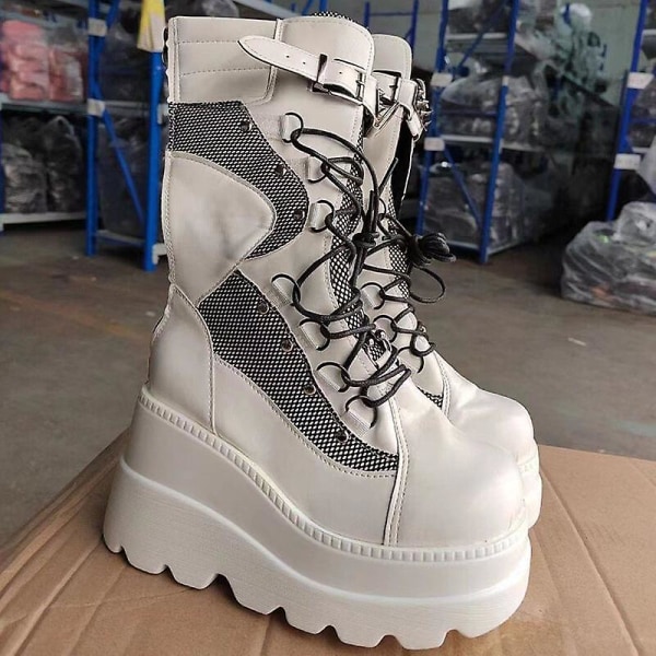 Platformstövlar damer Spänne rem Punk Goth Boot Dam Gothic Snörskor Sz White EU 39