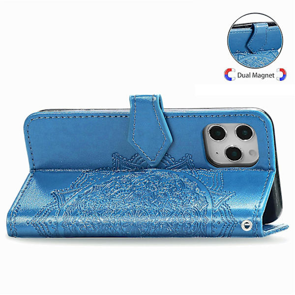 Kompatibel med Iphone 11 Pro Case Läder Cover Emboss Mandala Magnetic Flip Protection Stötsäker - Blå null none