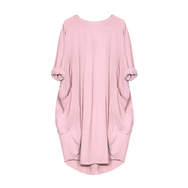 Kvinnor Plus Size Lång Eeve Lös Midi Klänning Med Ficka Pink 5XL