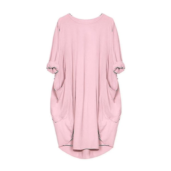 Kvinnor Plus Size Långärmad Lös Midiklänning Med Ficka Pink M