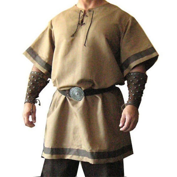 Plus Size Herr Medeltida Viking Knight Warrior Skjortor Toppar Cosplay kostym Khaki XL