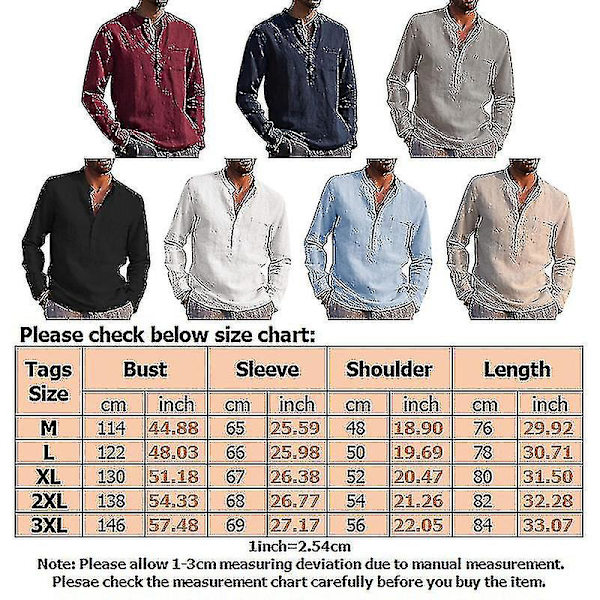 Herr långärmade skjortor Linne bomull knappar Strand Casual sommarskjortor Khaki XL