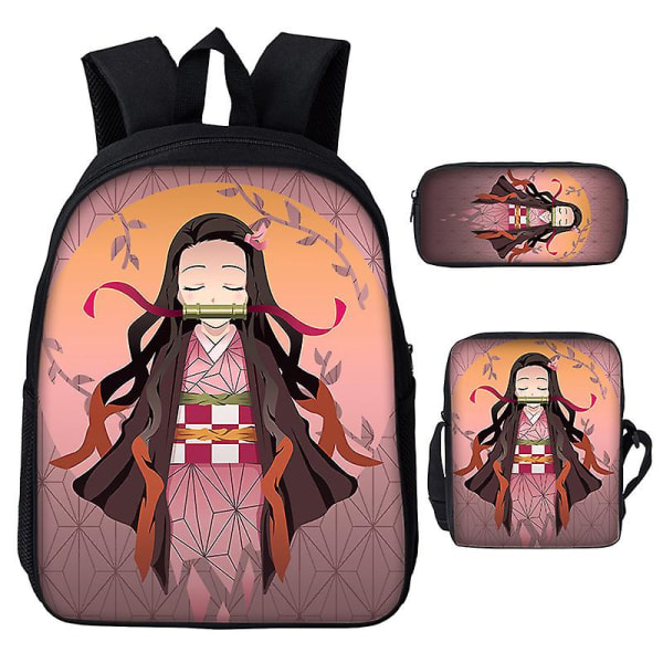 3st/ set Japan Anime Demon Slayer Studenter Pojkar Flickor Skolväska Ryggsäck Barn Tonåring Tecknad Oxford Vattentät skolväska Red 17 Inches