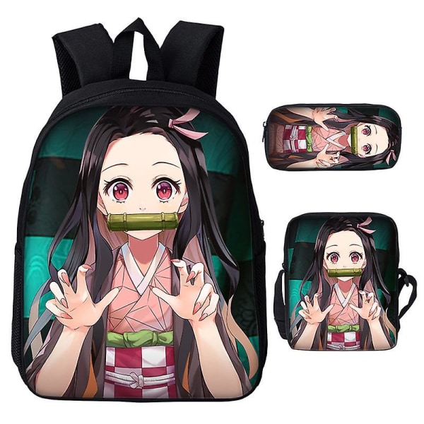 3st/ set Japan Anime Demon Slayer Studenter Pojkar Flickor Skolväska Ryggsäck Barn Tonåring Tecknad Oxford Vattentät skolväska Deep Blue 18 inches
