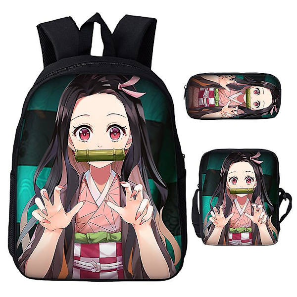 3st/ set Japan Anime Demon Slayer Studenter Pojkar Flickor Skolväska Ryggsäck Barn Tonåring Tecknad Oxford Vattentät skolväska Deep Blue 20 inches