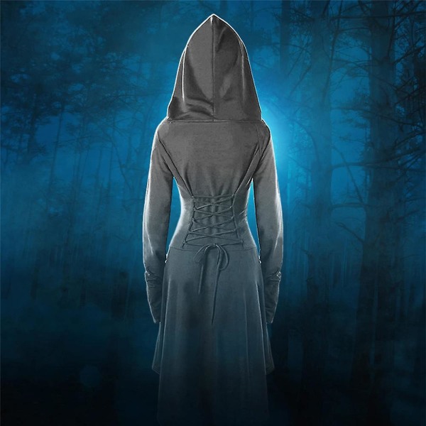 Renässansdräkt för damer Gothic Huvkappa Snörning Vintage Goth Pullover Lång Huvtröja Klänning Kappa S Grey