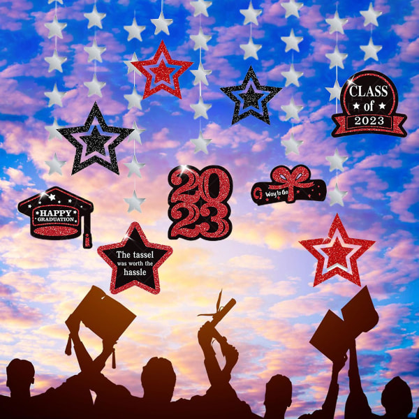 Sinknap 9st/ set Grad Garland Glitter Hatt Diplom Stjärnmedalj Bakgrund Dekoration Slät 2023 Examen Party Banner Streamer Party Suppli Red