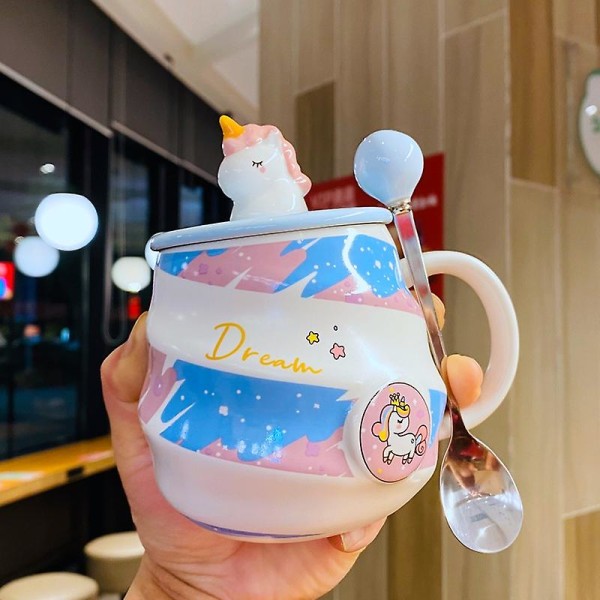 Keramisk Unicorn Water Cup Spiral Regnbågsmugg Kaffekopp med lock Sked Härlig flicka drickskopp för hem Pink Cover  add Star Spoon
