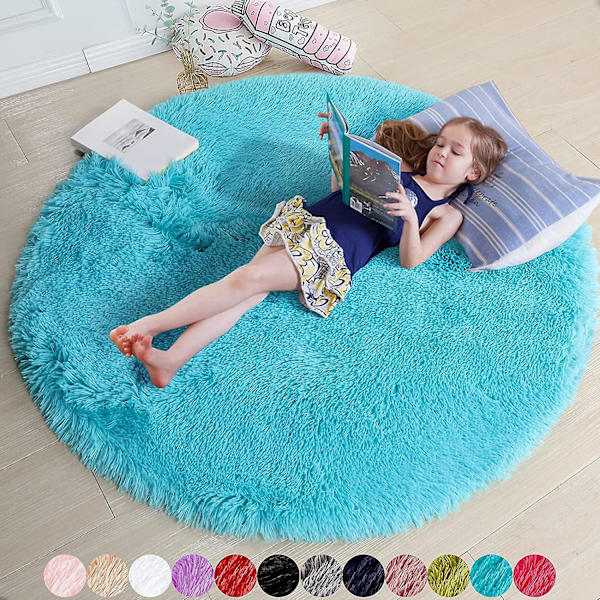 Sunrain Blush rund matta kompatibel med sovrum, fluffig rund matta 4'x4' kompatibel med barn Ro Blue 4*4 Feet
