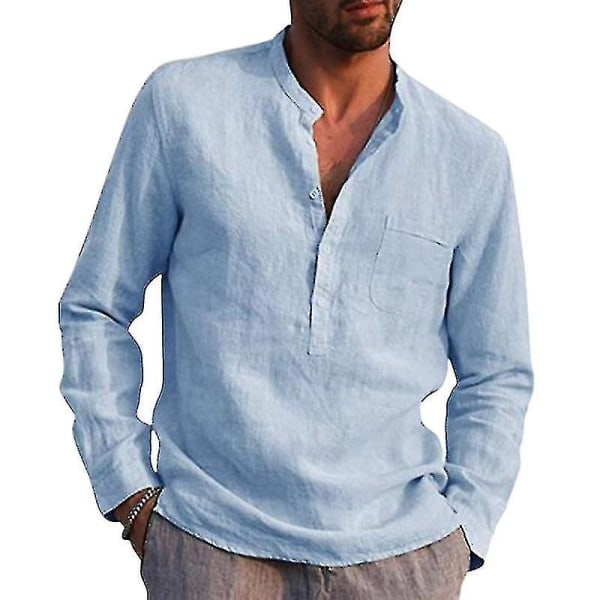 Herr långärmade skjortor Linne bomull knappar Strand Casual sommarskjortor Light Blue XL