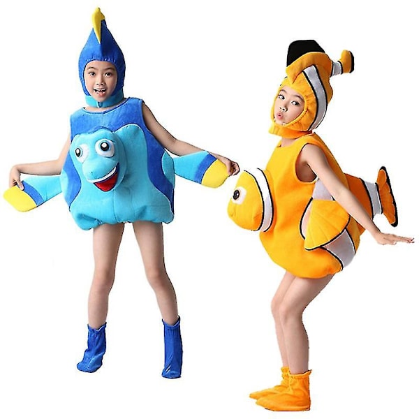 Barn bläckfisk Havsdjur Nemo Dory Cosplay kostym Blå Orange Jumpsuit Huvudbonader Kostymer för pojkar och flickor Halloween festkläder Solid Orange 140cm