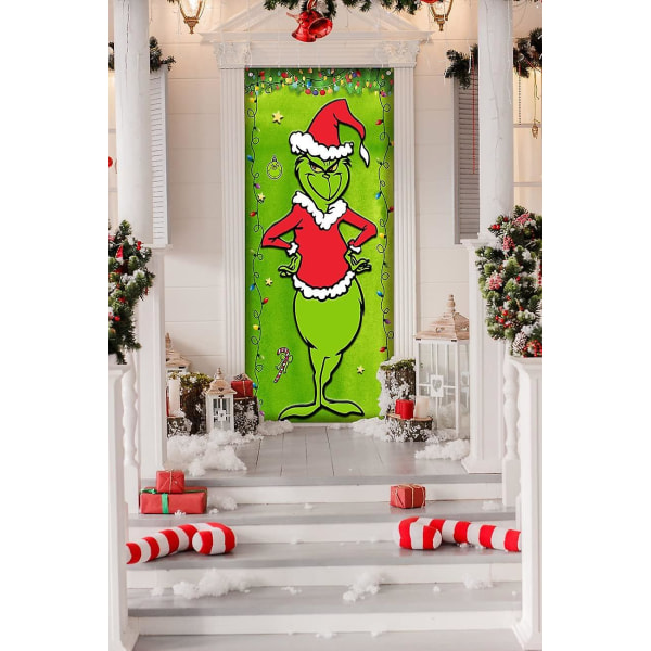 Grinch Jul Cover Dekorationer Grinch Grön Bakgrund God Jul Verandaskylt för Inomhus Utanför Ytterdörr Festtillbehör null none